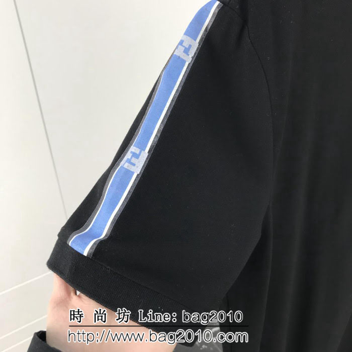 FENDI芬迪  19ss早春新款 粉色豎條FF印花logo 黑色絲光珠地棉 男款Polo衫 ydi1975